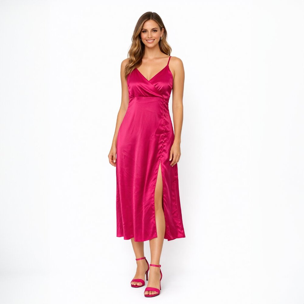 En Crème Hot Pink Satin Slip Dress M Midi Spaghetti Strap Y2K 90s Cocktail